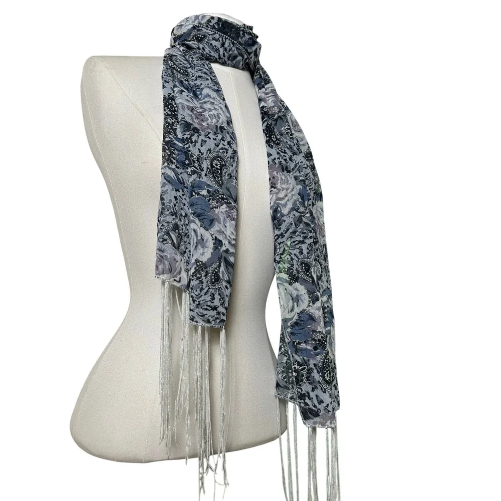 Y2K VTG Floral‎ Paisley Sheer Fringe Scarf Boho Festival Whimsy Chic Romantic